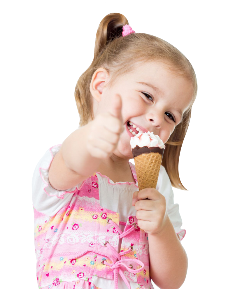 little girl give thumbs up while eating ice cream